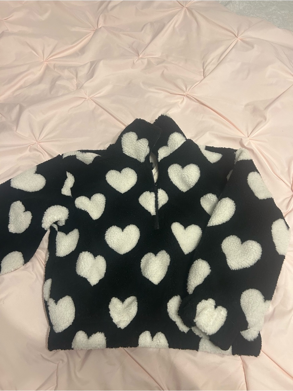 Francesca's Black Sherpa Pullover with White Heart Print